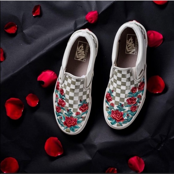 Vans Shoes - Vans checked slip on with rose embroidery